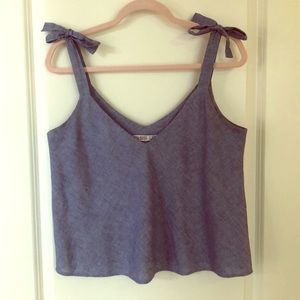 ZARA bow shoulder chambray top
